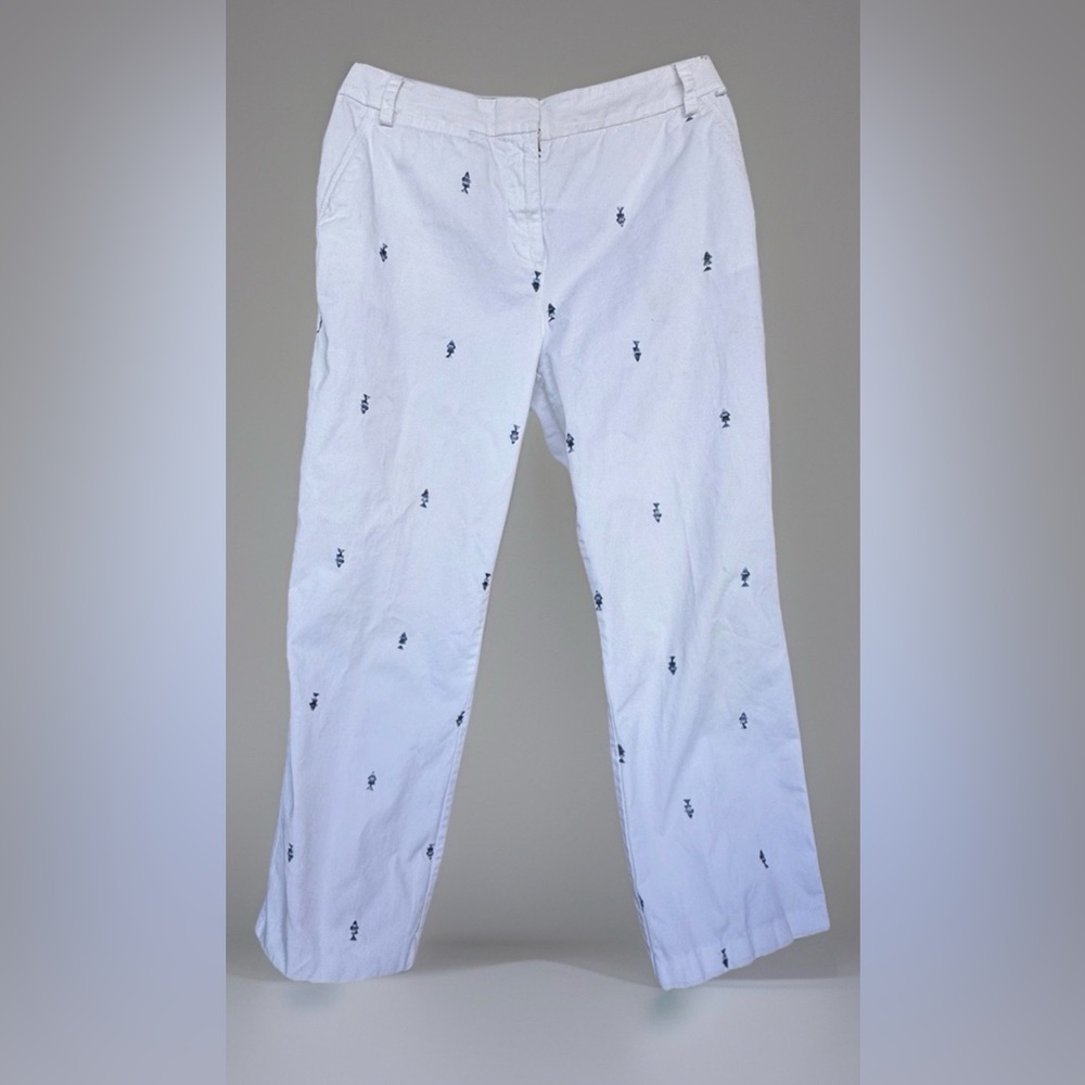 Sigrid Olsen Crop Pant White Embroidered Blue Fish Pockets Mid-Rise Cotton 10